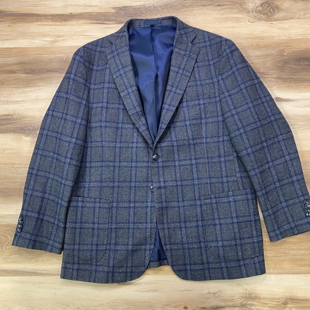 Jos. A. Bank Sport Coat 44 Short 1905 Plaid Wool Tailored Fit Gray Blue Blazer